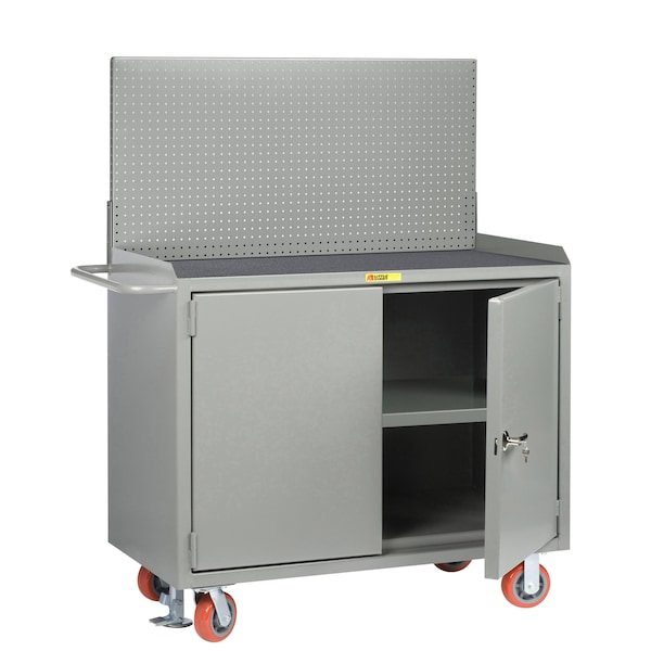 Mobile Bench Cabinets, 36"W, Center Shelf, Non-Slip Vinyl Mat, Pegboard